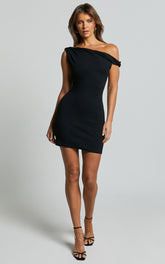 Clementine Mini Dress - Ribbed Off Shoulder Bodycon Dress in Black